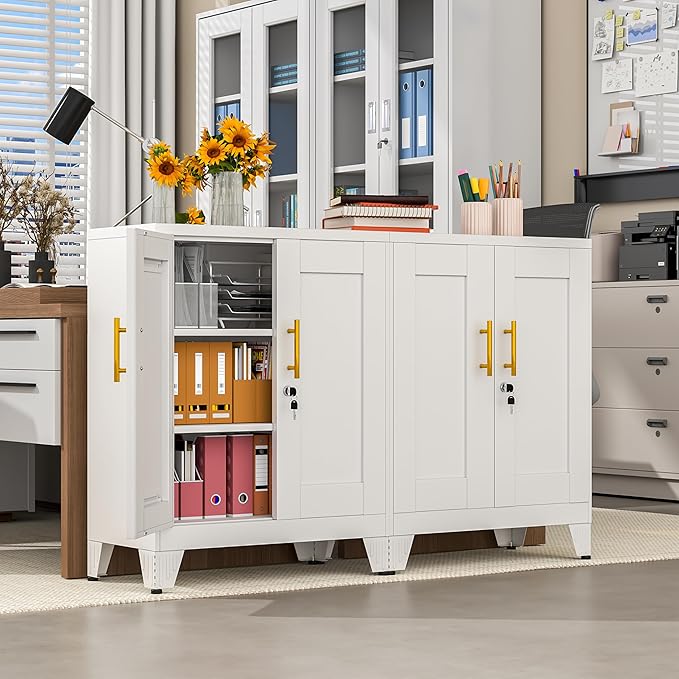 GAIOUS White Metal File Cabinet with Lock (Two Units), Steel Storage Cabient with 2 Doors and 2 Adjustable Shelves, Multifunctional Locked Cabinet for Home/Office/Garage/Tool Room, Accent Furniture