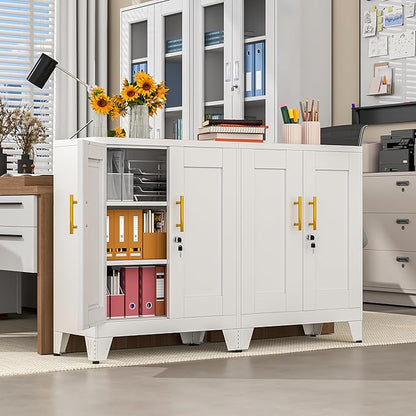 GAIOUS White Metal File Cabinet with Lock (Two Units), Steel Storage Cabient with 2 Doors and 2 Adjustable Shelves, Multifunctional Locked Cabinet for Home/Office/Garage/Tool Room, Accent Furniture