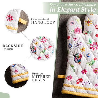 Maison d' Hermine 100% Cotton Oven Mitt & Pot Holder Set (7.5"x13" & 8"x8") Heat Resistant BBQ Cooking Gloves with Loop Baking Grilling Kitchen Home Farmhouse Spring Summer (Happy Florals - Sweety)