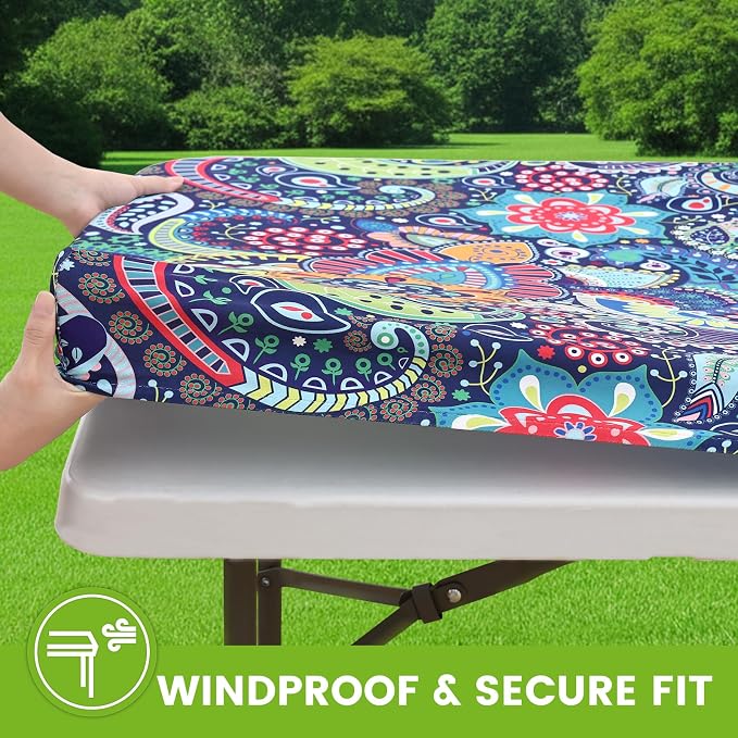 Smiry Spandex Fitted Tablecloth for 4 Foot Rectangle Tables, Washable Picnic Table Cover with Elastic, Stretch Reusable Table Cloth for Outdoor, Camping, Dining & Kitchen (Paisley, 30"x48")