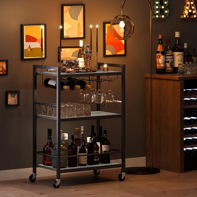 TUTOTAK Bar Cart with Wheels, Drink Cart with Wine Rack and Glass Holder | 3-Tier 23.7 Inch Wide Home Bar Serving Carts, Small Mobile Kitchen Shelf with 6 Hooks, Greige BC01BG030
