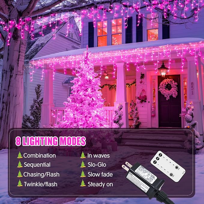 JMEXSUSS 400 LED Pink Christmas Icicle Lights | Connectable Pink Christmas Lights Indoor Outdoor with Remote, Icicle String Light for Room Fireplace Garden Eave Decorations