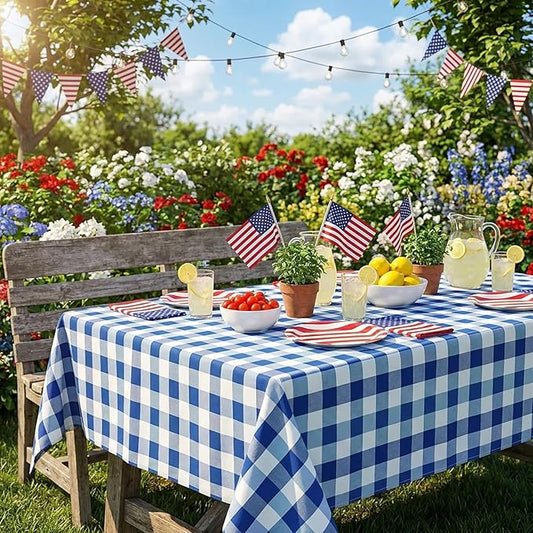 B-COOL Buffalo Plaid Table Cloth Fabrics - Checkered Table Cloths Independence Day Rectangle Blue and White Checkered Table Linens for Picnic, Birthday, Patriotic Indoor Outdoor Party 56 x 120 Inch