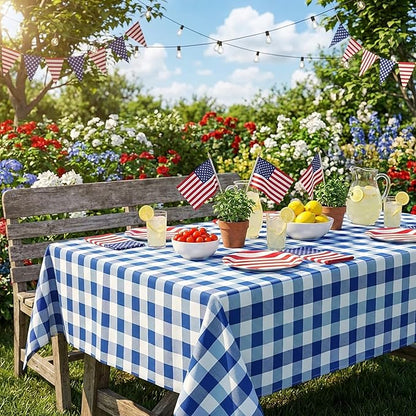 Blue Plaid Table Cloths Gingham Fabric: Independence Day Checkered Table Fabrics Overlays Patriotic 56x84 Inches Blue and White Picnic Desk Covers for Rectangle Table