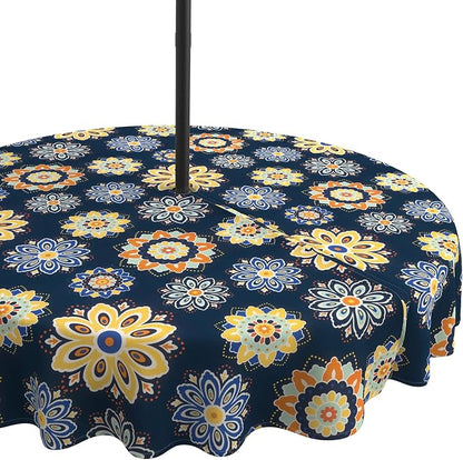 LVTXIII Round Outdoor Tablecloth with Umbrella Hole and Zipper, Water-Repellent 60 Inch Patio Table Cover for Bistro, Garden, Patio & Picnic, Bloom Cobalt