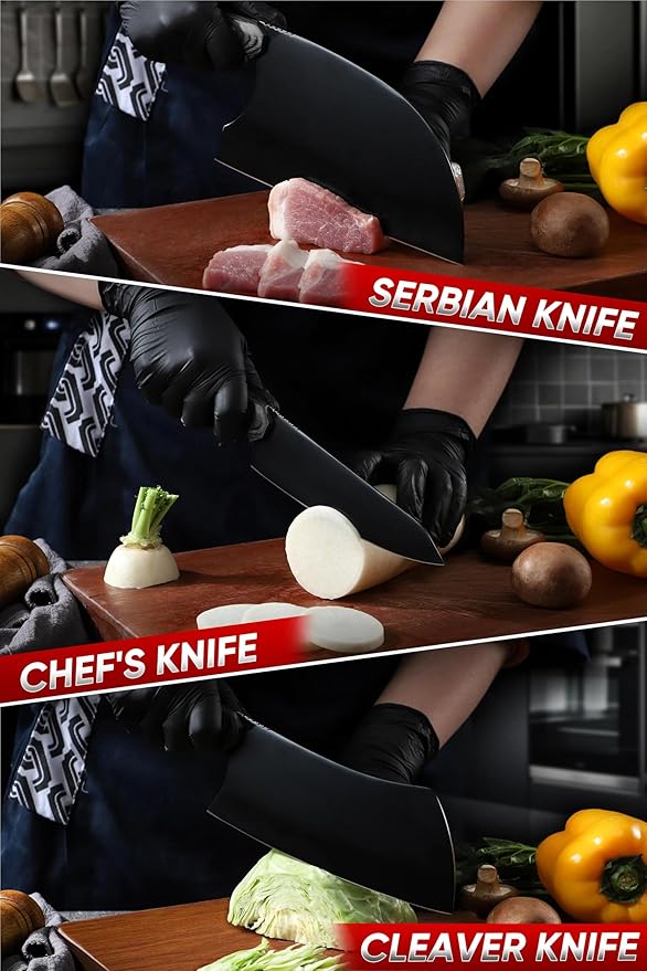Dream Reach Chef Knife Set - 6PCS Hand Forged Black Butcher Knife Set for Meat Cutting, Serbian Cleavers with A Roll Bag for Kitchen Camping BBQ Outdoor, Birthday Mother Father Gift Idea
