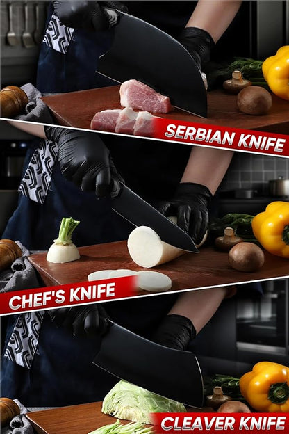 Dream Reach Chef Knife Set - 6PCS Hand Forged Black Butcher Knife Set for Meat Cutting, Serbian Cleavers with A Roll Bag for Kitchen Camping BBQ Outdoor, Birthday Mother Father Gift Idea