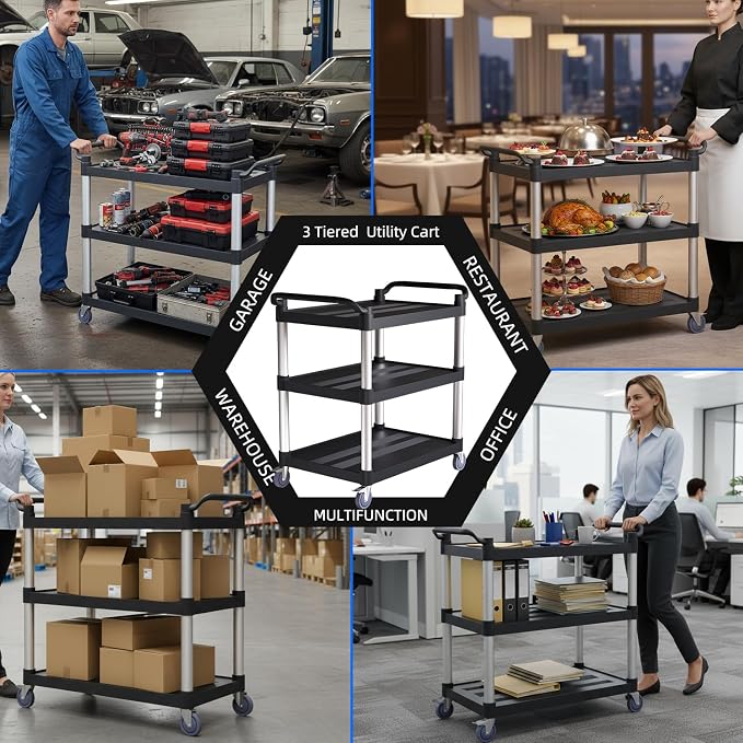 Utility Cart with Tangle-Free Wheels, 3 Tier Rolling Cart, Restaurant Cart | 2 with Brakes, Heavy Duty 350 Lbs Capacity,Commercial Serving Cart for Home, Office, Restaurant, Warehouse.
