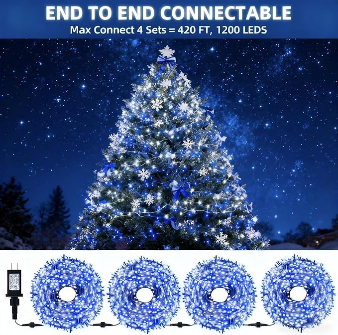 MZD8391 105FT 300LED Christmas Light, Christmas Tree Light, Blue White | Waterproof, 100% UL Listed, 8 Light Mode, Timer & Memory, 4 Set End To End Connect, LED Christmas String Light Outdoor Indoor