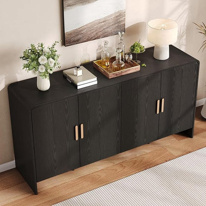 60" Sideboard Buffet Cabinet, Large Curved Design Storage Cabinet with 4 Doors & 2 Adjustable Shelves, Sturdy Build, Easy Assembly, Bar Console Fit for Dining Room/Living Room/Kitchen, Black