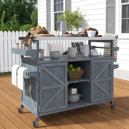 Bellemave Outdoor Kitchen Island with Stainless Steel Top, Rolling Bar Cart & Storage Cabinet, Outdoor Grill Cart with Spice & Towel Rack, Rolling Island Table for Kitchen & BBQ, Grey Blue