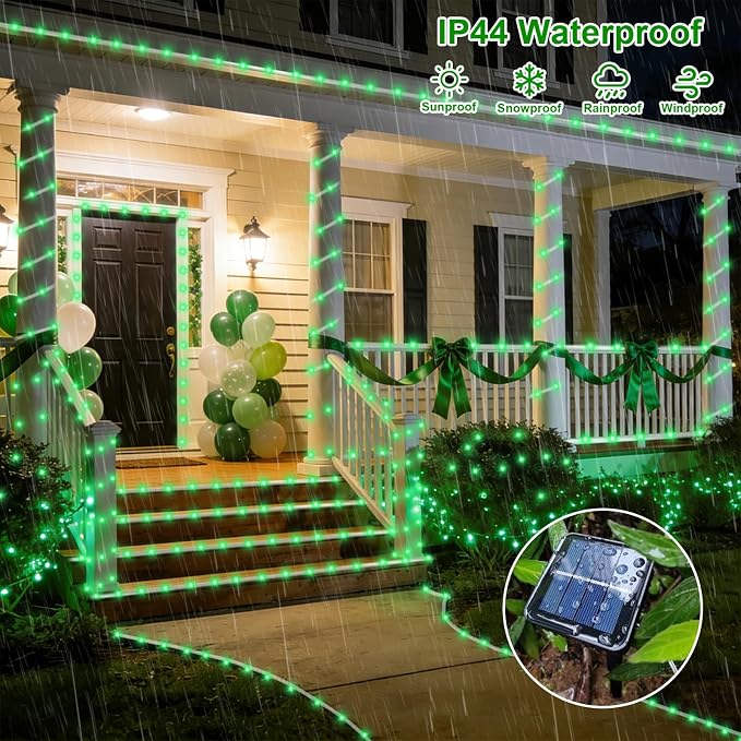 QITONG Green Solar Halloween Lights Outdoor Waterproof, 2 Pack Each 33ft 100 LED Rope Lights, Fairy Lights in Clear Thin Tube with 8 Modes