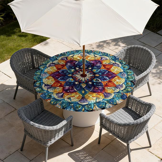 Outdoor Tablecloth with Umbrella Hole and Zipper Fits 53-60" Tables | Waterproof Round Fitted Tablecloth with Elastic Edge, Wipeable Outdoor Table Cover for Patio, Garden, Picnic