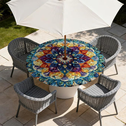 Outdoor Tablecloth with Umbrella Hole and Zipper Fits 53-60" Tables | Waterproof Round Fitted Tablecloth with Elastic Edge, Wipeable Outdoor Table Cover for Patio, Garden, Picnic