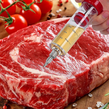 Meat Injector Syringe, Premium Meat Injector Kit - 3 Stainless Steel Meat Needles, Plastic Turkey Injector with Pastry Brush, 1oz Food Injector for Meat with Cleaning Brush, Easy to Use & Clean