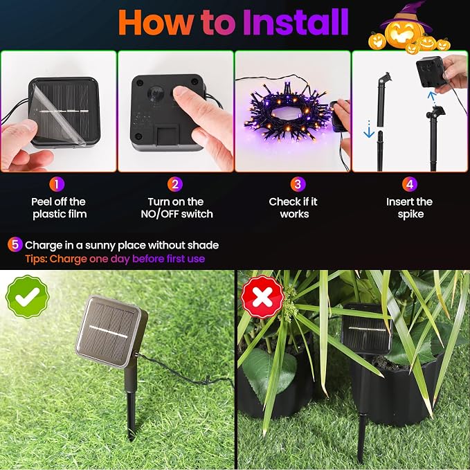 Solar Halloween Lights Outdoor Solar String Lights Waterproof for Halloween Decorations, Total 100LED 45FT for Garden Yard Pathway Fence, Orange Purple 8 Modes 50LED x 2 Pack