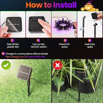 Solar Halloween Lights Outdoor Solar String Lights Waterproof for Halloween Decorations, Total 100LED 45FT for Garden Yard Pathway Fence, Orange Purple 8 Modes 50LED x 2 Pack