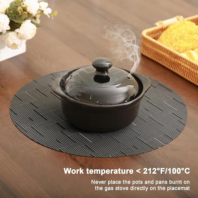 15 Inch Round Placemats Set of 8, Washable Vinyl Woven Place Mats | Heat Resistant Non-Slip Braided Table Mats for Dining Table Kitchen Indoor & Outdoor Use (Black Dark Gray, Set of 8)