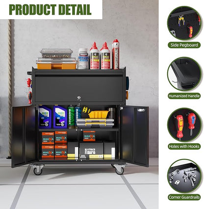 Aobabo Rolling Metal Garage Cabinet, Lockable Storage Cabinet with 1 Drawer, Pegboards, Hooks & Wheels, Heavy Duty Steel Utility Cabinet for Garage, Workshop, Home Office, Black, Assembly Required