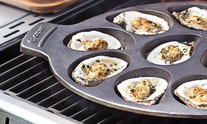 Outset Cast Iron Oyster Grill Pan, 12 Cavities, Black Oyster BBQ and Serving Pan | Grill & Serve Oysters In One Pan | 12 Capacity Oyster Tray & Plate | Oven, Grill & Stovetop Safe | Durable Cast Iron Platter