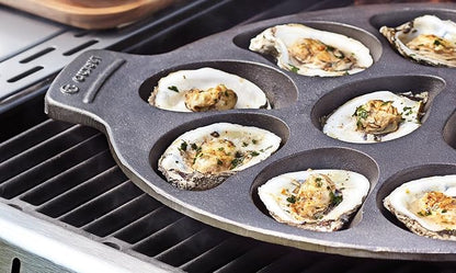 Outset Cast Iron Oyster Grill Pan, 12 Cavities, Black Oyster BBQ and Serving Pan | Grill & Serve Oysters In One Pan | 12 Capacity Oyster Tray & Plate | Oven, Grill & Stovetop Safe | Durable Cast Iron Platter