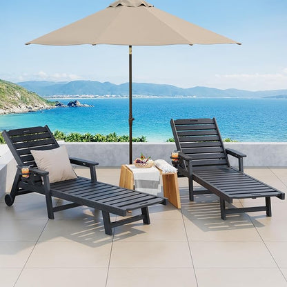 Garvee Lounge Chair Outdoor Set of 4 with Wheels & 5-Position Adjustable Backrest, Oversized Chaise Lounge with 2 Move Handle, HDPE Lounge Chair w/Detachable Cup Holder, for Patio, Pool,Dark Gray