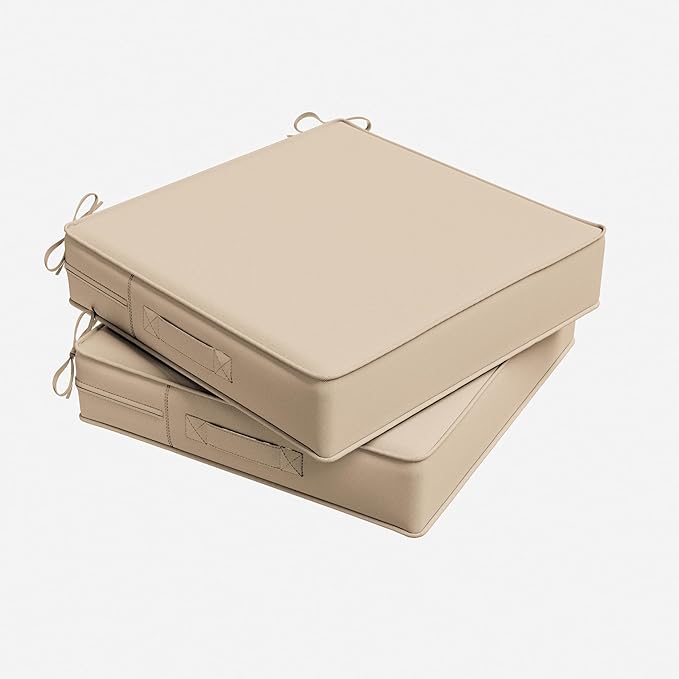 Outdoor Chair Cushion 19 x 19 x 4 Inches Patio Furniture Outdoor Waterproof Seat Cushion, Patio Chair Cushion with Handles and Ties, Square Dining Chair Cushion Set of 2, Sand