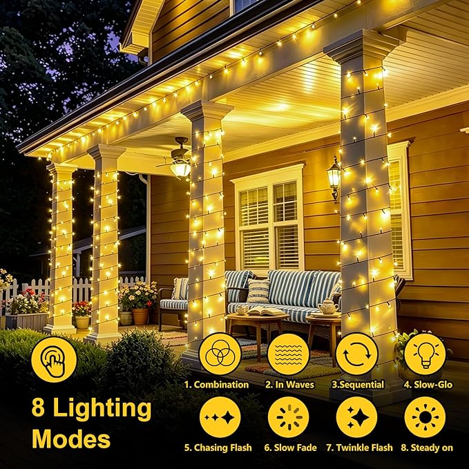 QITONG 2 Pack Warm White Solar String Lights, Each 66ft 200 LED Solar Fairy Lights Outdoor Waterproof, 8 Modes Green Wire Solar Twinkle Tree Lights for Outside