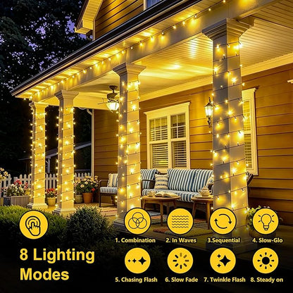 QITONG 2 Pack Warm White Solar String Lights, Each 66ft 200 LED Solar Fairy Lights Outdoor Waterproof, 8 Modes Green Wire Solar Twinkle Tree Lights for Outside