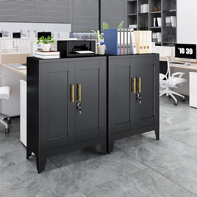 GAIOUS 36" Black Metal Storage Cabinet with Lock, Locking Cabinet with 2 Doors and 2 Adjustable Shelves, Bathroom Floor Cabinets, Freestanding Locked File Cabinets for Home/Office/Garage