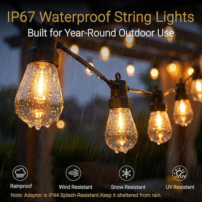 Outdoor String Lights 50FT,Warm & Cool White Patio Lights,Waterproof | 20 LED S14 Plastic Bulbs, 2700K-7000K Tunable White, APP & Remote, Dimmable, IP67 Waterproof, Shatterproof, 24V Low Voltage