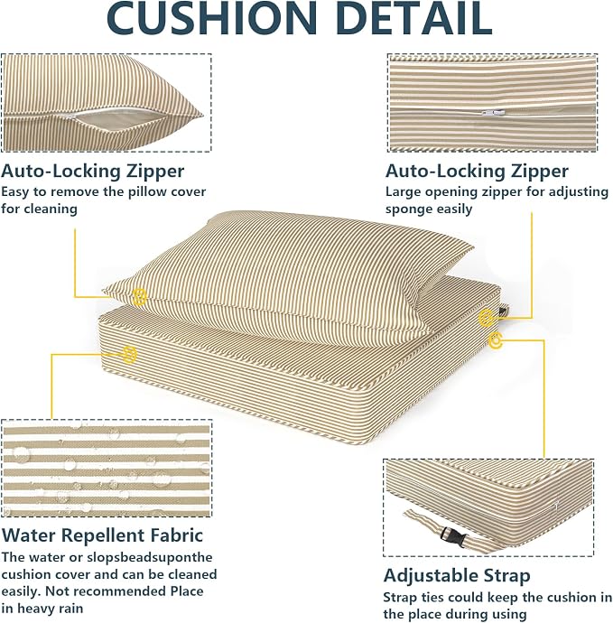 DYTXIII Outdoor Deep Seat Cushion Set, Water Repellent 22"x22" Patio Thick Cushions Replacement with Seat & Back Pillow for Patio Sofa, Wicker Chair, Couch - Stripe Beige