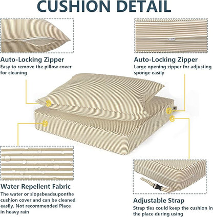 DYTXIII Outdoor Deep Seat Cushion Set, Water Repellent 22"x22" Patio Thick Cushions Replacement with Seat & Back Pillow for Patio Sofa, Wicker Chair, Couch - Stripe Beige