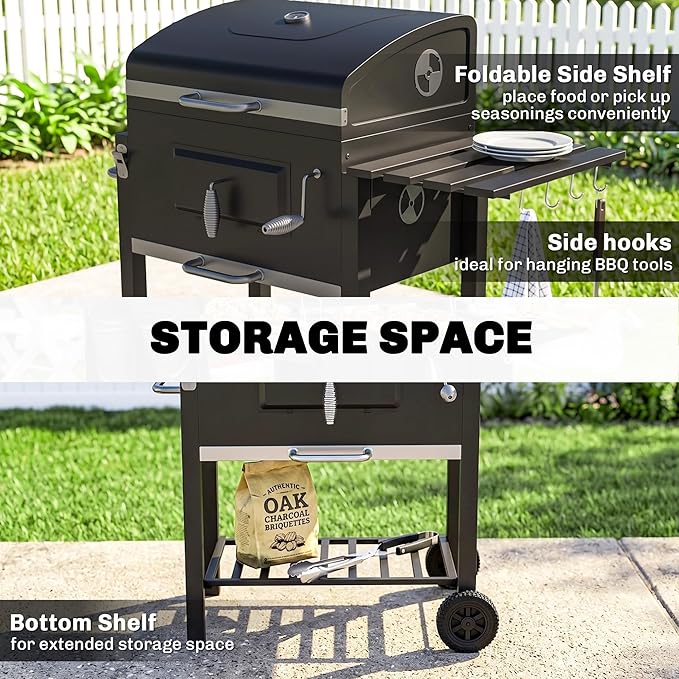 Outsunny Charcoal BBQ Grill, Outdoor Portable Cooker for Camping or Backyard Picnic with Side Table, Bottom Storage Shelf, Wheels and Handle, Black