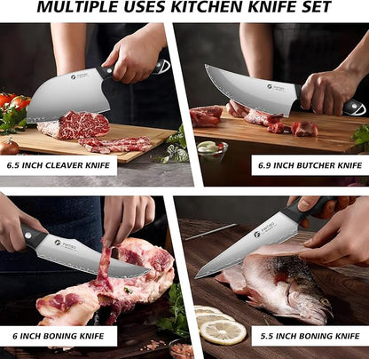 FINTISO Hand Forged Viking Knife Set, 4 PCS Kitchen Knives with Butcher Knife, Serbian Chef Knife & 2 Boning Knives, 5-Layer High Carbon Steel, Full Tang G10 Handle for Kitchen, BBQ & Camping