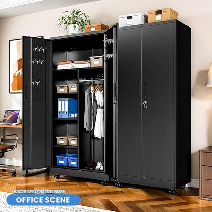 Metal Garage Storage Cabinet with Pegboard and Hanging Rod, 71'' Tall Metal Broom Closet Storage Cabinets, Rolling Tool Cabinet on Wheels for Garage, Utility Room (Black)