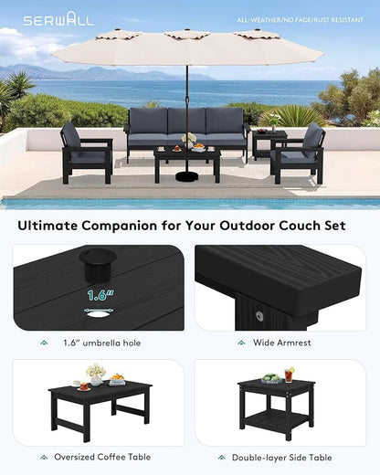 SERWALL HDPE Patio Furniture Set, 7-piece Outdoor Sectional Sofa Set, All Weather Outdoor Couch Set for Deck, Lawn, Black Frame with Grey Cushion