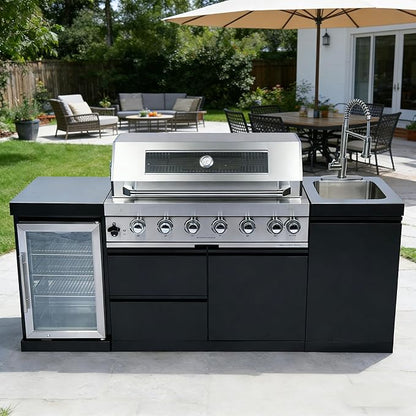 82-Inch 6-Burner Natural Gas Outdoor Kitchen Grill Island - 85000 BTU Stainless Steel BBQ, Refrigerator, Rotisserie, Stainless Countertops, Storage Cabinets/Drawers, For Patio, Lawn, Backyard, Black