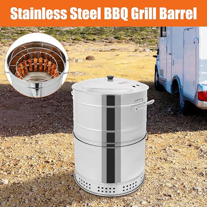 Large Portable Charcoal Grill, Stainless Steel BBQ Grill Barrel, Portable Barbecue Grill Smokeless Charcoal Grill with 50 Skewers for Camping, Picnics, Beaches, Traveling, Party