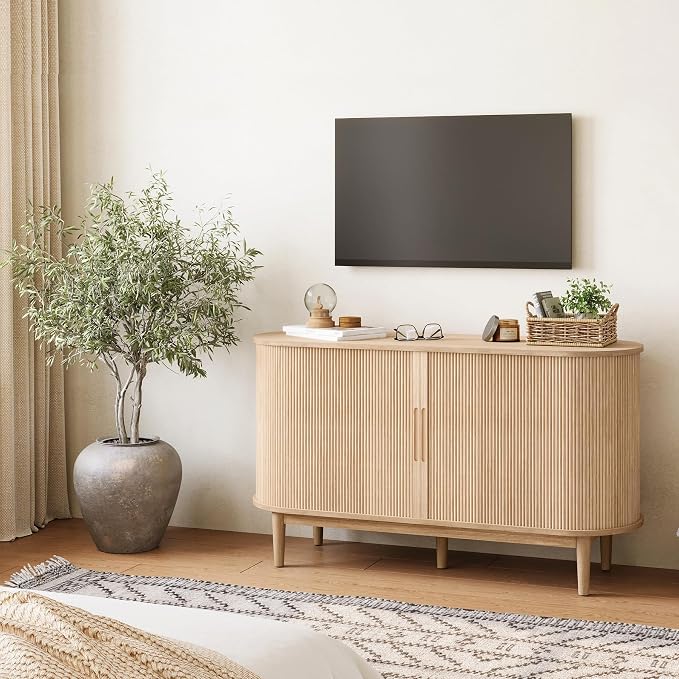 LINSY HOME 55" Sideboard Buffet Cabinet,Tambour Sliding Doors & Drawer | Oak Fluted Coffee Bar Cabinet with Large Storage, Mid Century Modern Wood Storage Buffet Table for Kitchen, Living Room