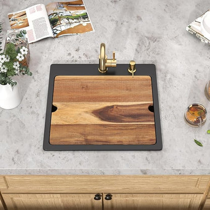21 Inch Drop In Bar Sink - Matte Black Granite Composite Workstation Single Bowl Small Prep Wet Sink with All-In One Gold Accessories & Cutting Board for RV, Kitchen Bar, and Boat#TLGT-130