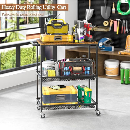 3 Tier Rolling Utility Kitchen Cart on Wheels, Heavy Duty Wire Rolling Cart with Wooden Top, Commercial Metal Serving Cart with Handle, Kitchen Island Food Storage Trolley for Laundry, Office, Garage