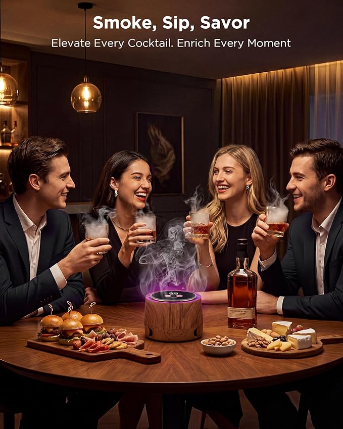Electric Whiskey Smoker Kit - Rechargeable Cocktail Smoker with 6 Wood Chip Flavors - Smoke Infuser for Old Fashioned & Bourbon Cocktails - No Butane Needed - Father’s Day Gift for Men (Rich Oak)