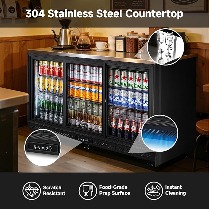 BODEGACOOLER 12 Cu.Ft Back Bar Cooler, 3 Sliding Glass Doors, 6 Castes | Commercial beverage refrigerator for beer and soda with Stainless Steel Top, 6 adjustable shelves, LED lighting, 32°F-50°F