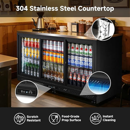 BODEGACOOLER 12 Cu.Ft Back Bar Cooler, 3 Sliding Glass Doors, 6 Castes | Commercial beverage refrigerator for beer and soda with Stainless Steel Top, 6 adjustable shelves, LED lighting, 32°F-50°F