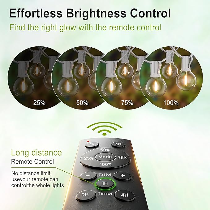 Outdoor-String-Lights-Patio-LED-Light-Outside 75FT Waterproof Light with Remote Dimmable 75 G40 Shatterproof Bulb Connectable Hanging Outdoor Lighting for Backyard Porch Party 12 inch Bulb Apart