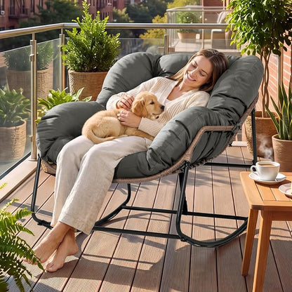 Bifanuo Oversized Egg Rocking Chair for Indoor/Outdoor – All-Weather Wicker Rattan Lounge Chair with Cushion, Patio Rocker for Porch, Garden, or Balcony (Classic Grey)