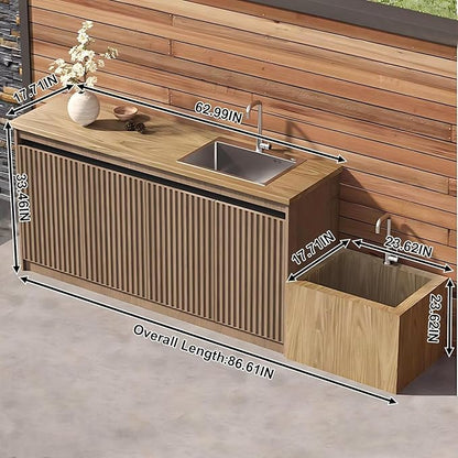 87IN Outdoor Kitchen Cabinet - Kitchen Cabinet with Countertop Includes Stripe Design & Mop Pool,Outdoor Table with Aluminum Alloy,Stainless Steel Sink and Slate Countertop,Hidden Handle