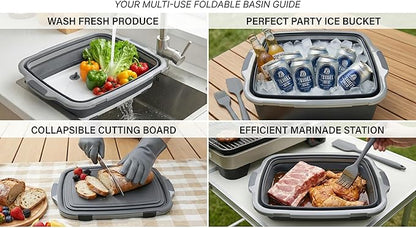 Collapsible BBQ Prep Tub with Lid & Cutting Board 8L - Meat Marinating Basin & Grill Carry System - 5pc Set with Heat Resistant Gloves, Basting Brush & Spatula(Black, Large, 8L)