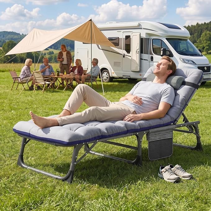 ABORON 3-in-1 Folding Patio Lounge Chair, 440LB Heavy-Duty Tri-Fold Guest Bed with Plush Cotton Cushion, No Assembly Adjustable Recliner for Office Nap, Patio Sunbathing, Poolside & Camping